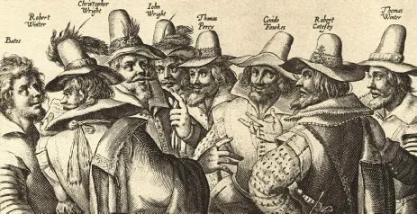 The main conspirators (from left to right): Thomas Bates, Robert Wintour, Christopher Wright, John Wright, Thomas Percy, Guy Fawkes, Robert Catesby, and Thomas Winter..