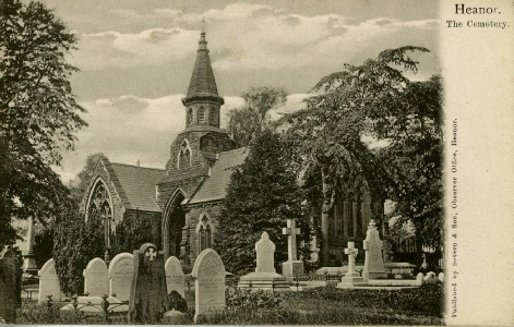 A postcard from 1907 showing the cemetery chapels with their steeple.