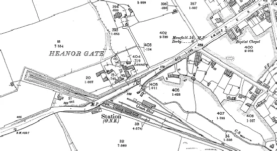 The 1900 Ordnance Survey map shows the Great Northern station at Heanor Gate, the laundry, and, behind it, a block of cottages - King’s Town.