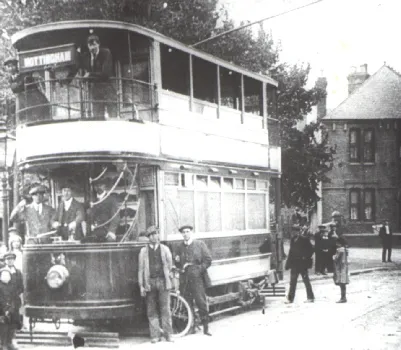 Notts and Derbys Tram opposite Loscoe Post Office, 1914
